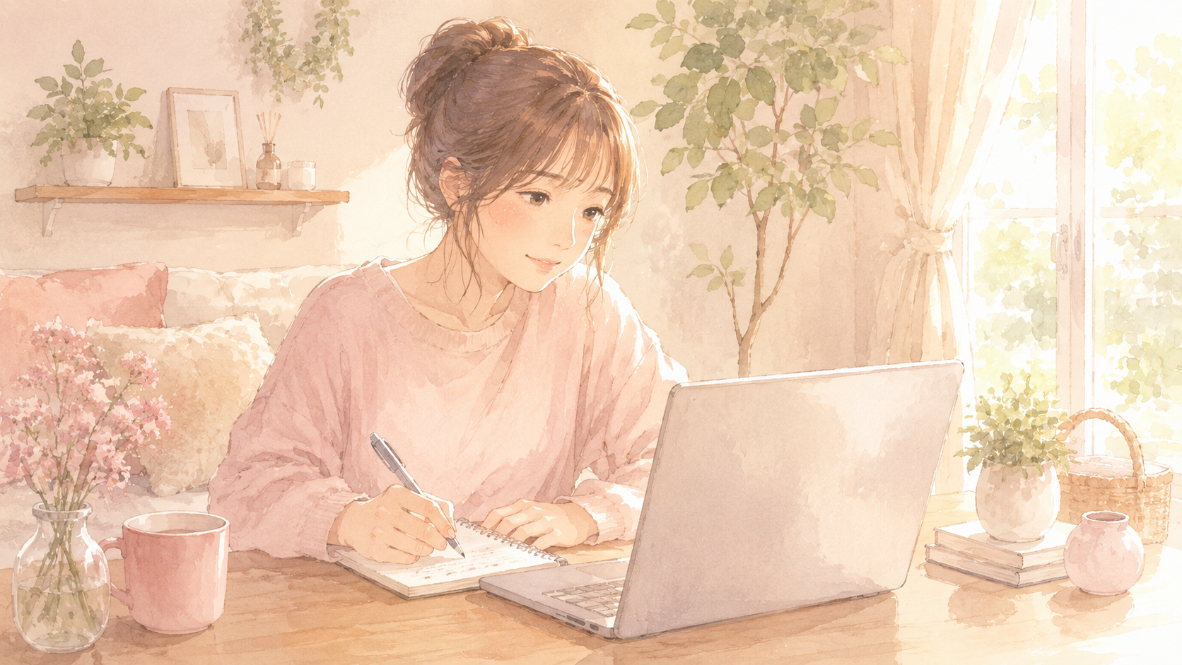 自宅のパソコンでオンライン受講する女性、女性の起業支援スクールのオンライン講座