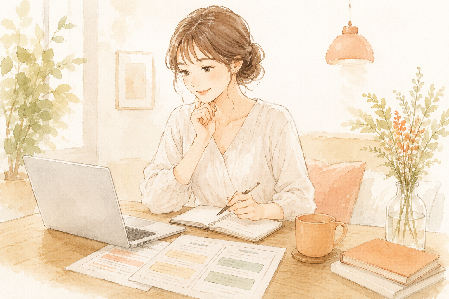 自宅のデスクでノートパソコンに向かい、女性向け起業支援スクールについて調べる女性のイラスト