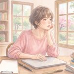 オフィスのデスクで手を止め、窓の外を見つめながら考え込む30代の女性会社員