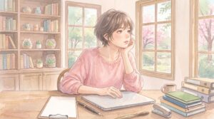 オフィスのデスクで手を止め、窓の外を見つめながら考え込む30代の女性会社員