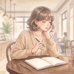 カフェの窓際で手帳を広げ、ペンを持ちながら起業準備を考える女性