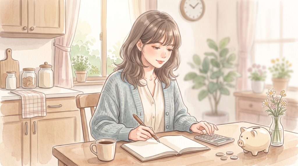 朝のキッチンテーブルで家計簿と電卓を前に、資金計画を考える女性