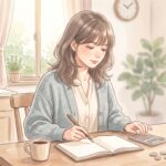 朝のキッチンテーブルで家計簿と電卓を前に、資金計画を考える女性