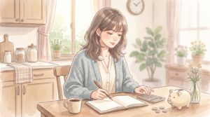 朝のキッチンテーブルで家計簿と電卓を前に、資金計画を考える女性