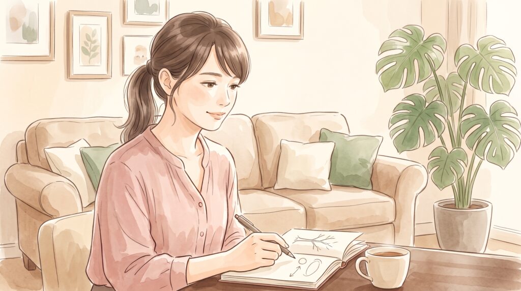 自宅のリビングでノートに理想の未来を思い描きながら書き込む女性