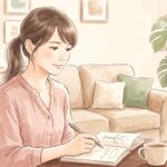 自宅のリビングでノートに理想の未来を思い描きながら書き込む女性