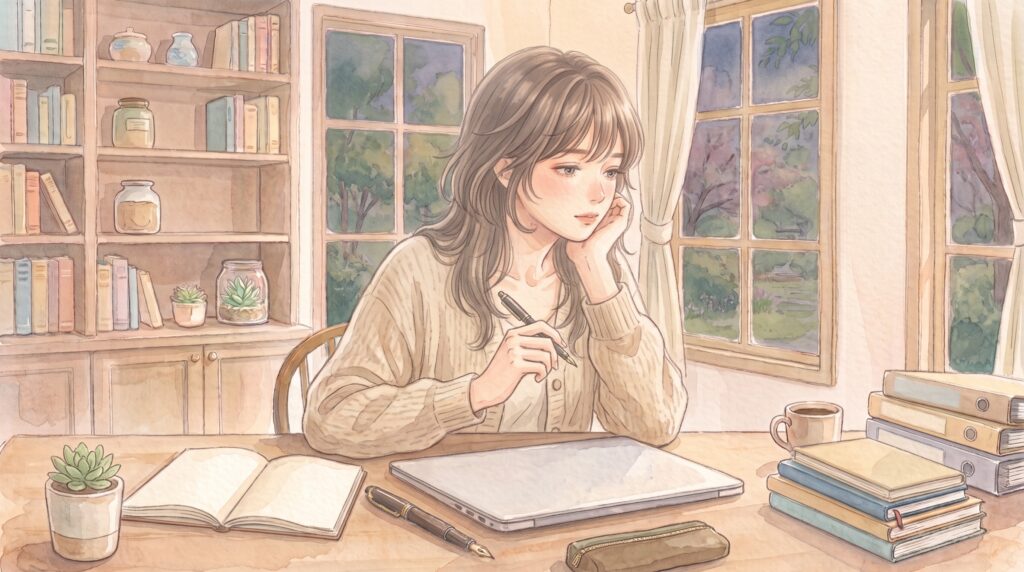 自宅のデスクでノートに向き合いながら、ふと手を止めて考え込む女性