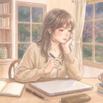 自宅のデスクでノートに向き合いながら、ふと手を止めて考え込む女性