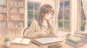 自宅のデスクでノートに向き合いながら、ふと手を止めて考え込む女性