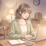 夜のリビングでノートPCを開き、副業に取り組む女性