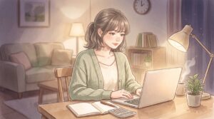 夜のリビングでノートPCを開き、副業に取り組む女性