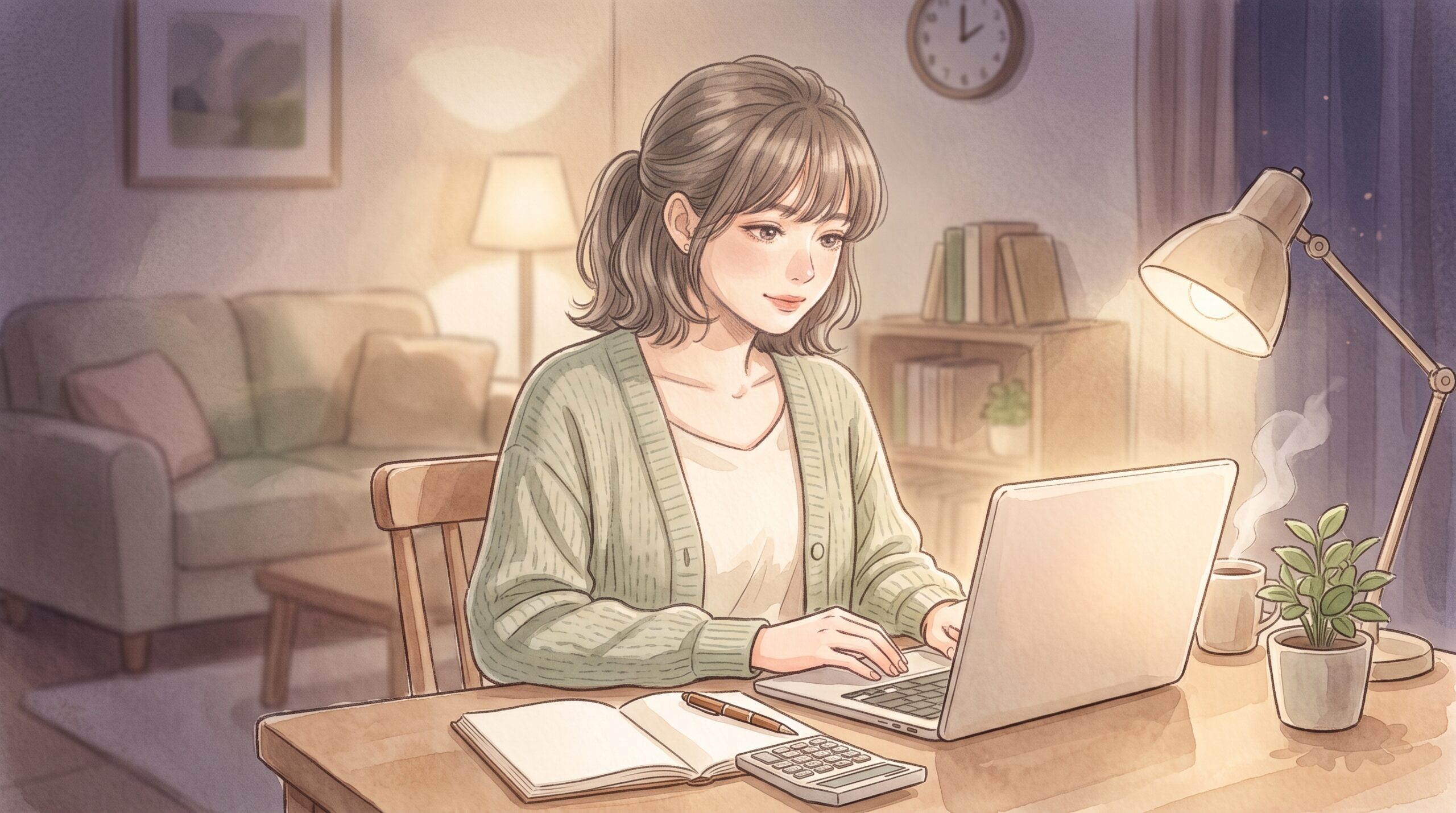 夜のリビングでノートPCを開き、副業に取り組む女性