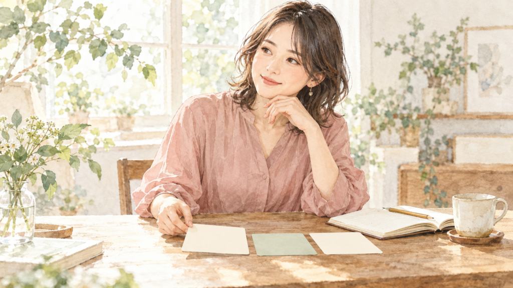 ノートとカードを前に、自分の考えを整理する女性の水彩イラスト