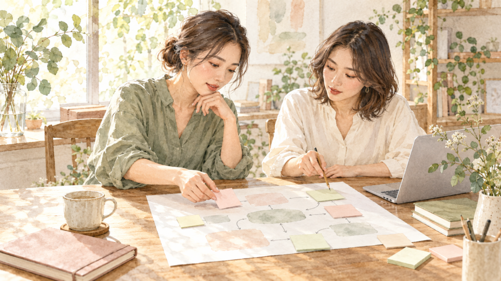 付箋を使いながら2人で計画を見直す女性たちの水彩イラスト