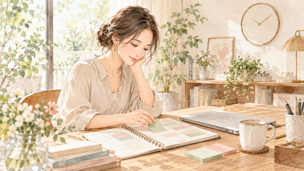 手帳と付箋を使って予定を整理する女性の水彩イラスト