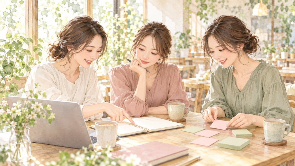 ノートと付箋を囲み、事業アイデアを話し合う3人の女性の水彩イラスト